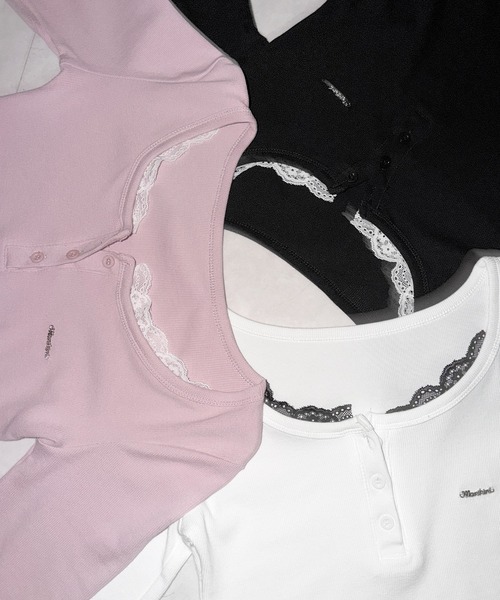 me+em select(ミームセレクト)の「【 3color 】ヘンリーネックロゴプレートレースリブトップス / henley neck logo plate lace ribbed tops ※※(Tシャツ/カットソー・レディース・ブラック/ホワイト/ピンク・FREE)」の7枚目の写真