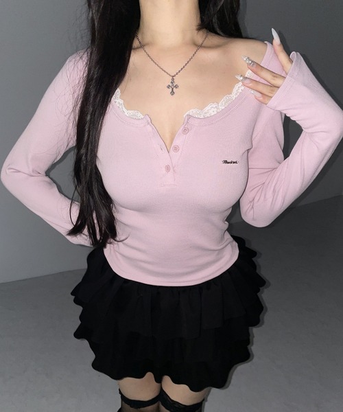 me+em select(ミームセレクト)の「【 3color 】ヘンリーネックロゴプレートレースリブトップス / henley neck logo plate lace ribbed tops ※※(Tシャツ/カットソー・レディース・ブラック/ホワイト/ピンク・FREE)」の17枚目の写真