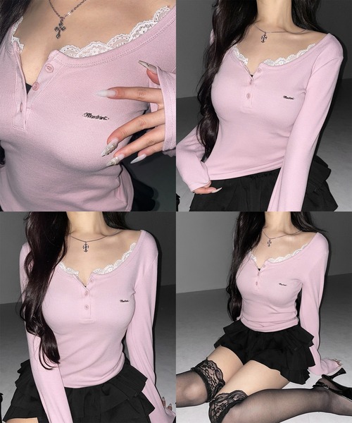 me+em select(ミームセレクト)の「【 3color 】ヘンリーネックロゴプレートレースリブトップス / henley neck logo plate lace ribbed tops ※※(Tシャツ/カットソー・レディース・ブラック/ホワイト/ピンク・FREE)」の10枚目の写真
