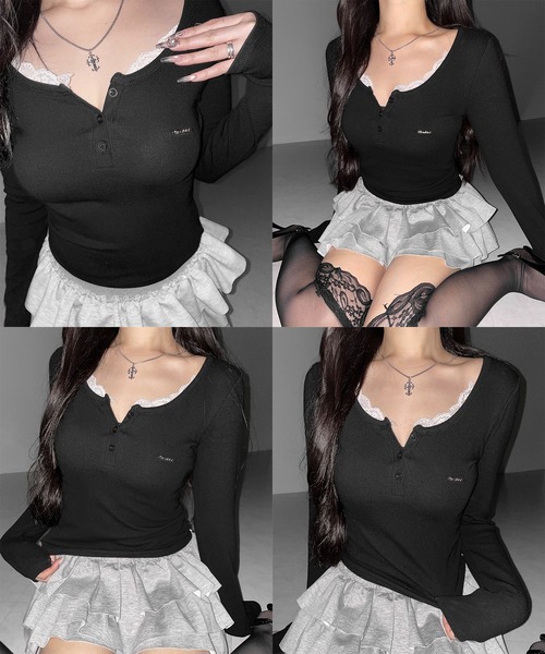 me+em select(ミームセレクト)の「【 3color 】ヘンリーネックロゴプレートレースリブトップス / henley neck logo plate lace ribbed tops ※※(Tシャツ/カットソー・レディース・ブラック/ホワイト/ピンク・FREE)」の12枚目の写真