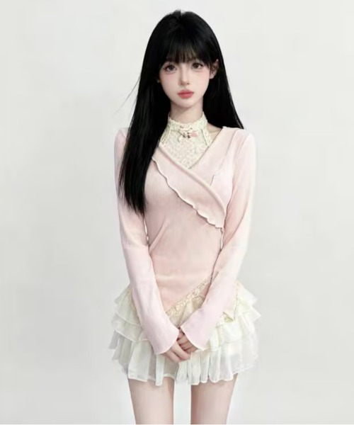 AsheKsha(アシクシャ)の「甘いレースのパッチワークトップス(Tシャツ/カットソー・レディース・ピンク・M)」の2枚目の写真