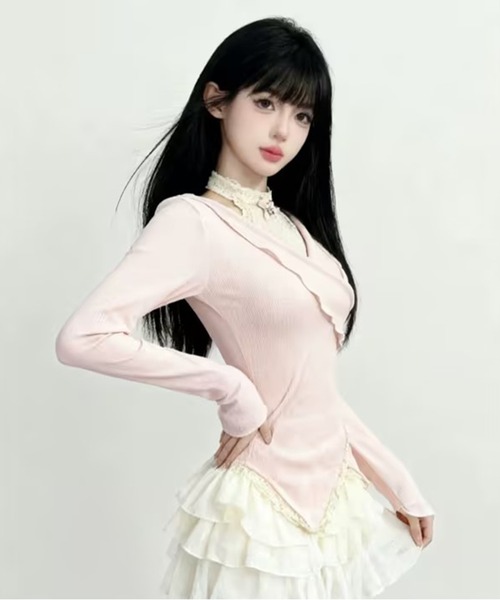 AsheKsha(アシクシャ)の「甘いレースのパッチワークトップス(Tシャツ/カットソー・レディース・ピンク・M)」の3枚目の写真