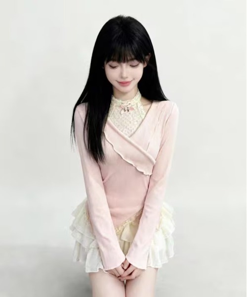 AsheKsha(アシクシャ)の「甘いレースのパッチワークトップス(Tシャツ/カットソー・レディース・ピンク・M)」の4枚目の写真