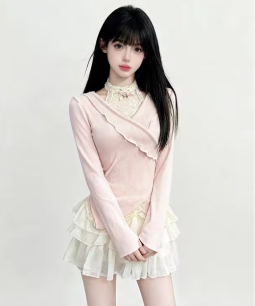 AsheKsha(アシクシャ)の「甘いレースのパッチワークトップス(Tシャツ/カットソー・レディース・ピンク・M)」の5枚目の写真