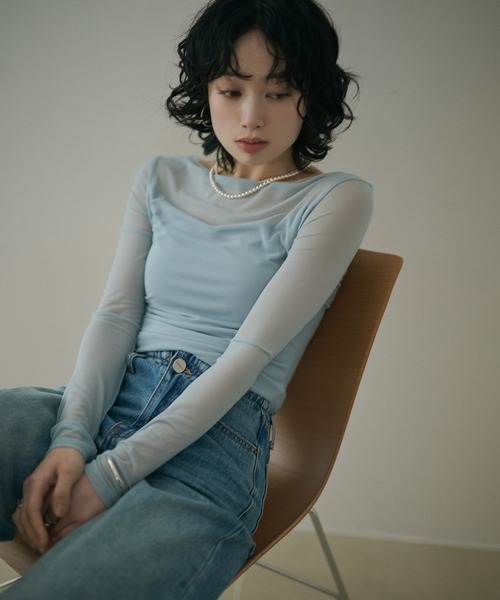 LAULEN(ローレン)の「boat neck sheer drape tops /ボートネックシアードレープ長袖トップス(Tシャツ/カットソー・レディース・アイボリー/ライトグリーン/ブルー・FREE)」の4枚目の写真