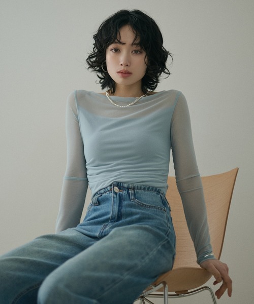 LAULEN(ローレン)の「boat neck sheer drape tops /ボートネックシアードレープ長袖トップス(Tシャツ/カットソー・レディース・アイボリー/ライトグリーン/ブルー・FREE)」の8枚目の写真