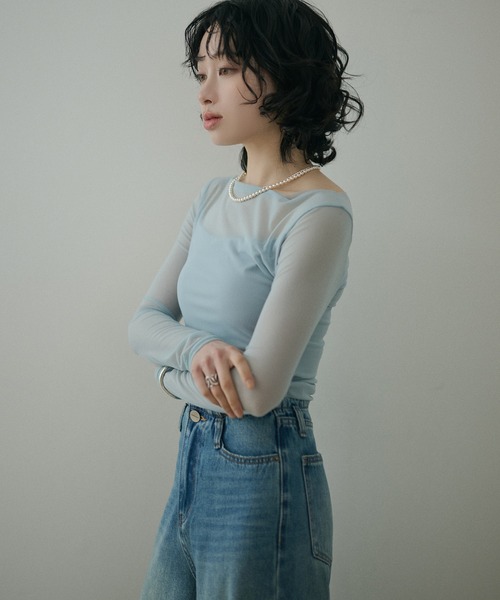 LAULEN(ローレン)の「boat neck sheer drape tops /ボートネックシアードレープ長袖トップス(Tシャツ/カットソー・レディース・アイボリー/ライトグリーン/ブルー・FREE)」の9枚目の写真