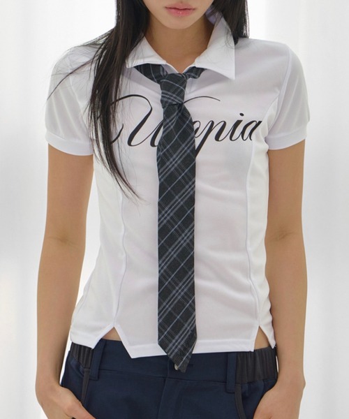 FANCY CLUB（ファンシークラブ）の「【FANCY CLUB】UTOPIA COLLAR TEE / 【ファンシークラブ】ユートピア襟付き半袖Tシャツ（Tシャツ/カットソー・レディース・ブラック/ホワイト・ONE SIZE）」の5枚目の写真