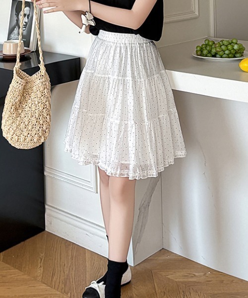 Vipoa(ヴィポア)の「Polka Dot Frill Midi Skirt(スカート・レディース・ブラック/ホワイト・FREE)」の3枚目の写真
