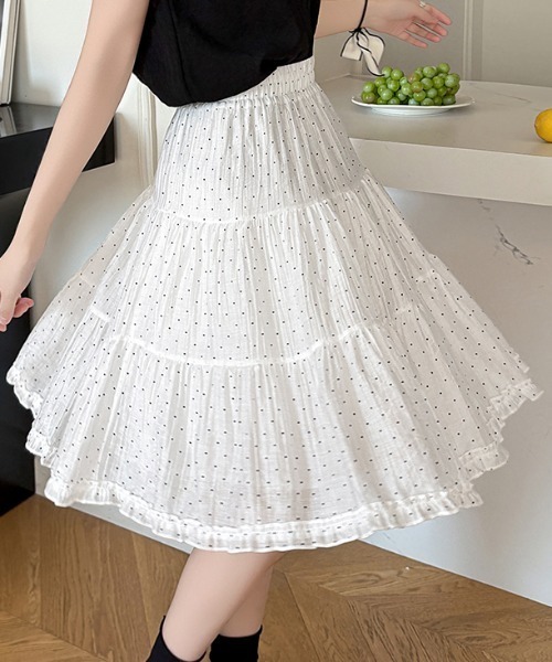 Vipoa(ヴィポア)の「Polka Dot Frill Midi Skirt(スカート・レディース・ブラック/ホワイト・FREE)」の8枚目の写真