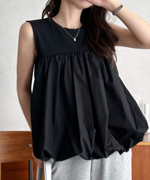 Eclat one（エクラワン）の「【Eclat one】異素材ドッキング 胸元切り替え バルーン ノースリーブ トップス（Tシャツ/カットソー・レディース・モカ/アイボリー/ブラック・M）」の2枚目の写真