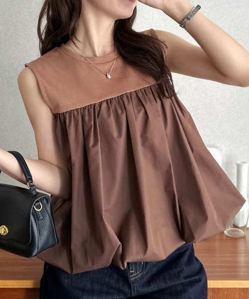 Eclat one（エクラワン）の「【Eclat one】異素材ドッキング 胸元切り替え バルーン ノースリーブ トップス（Tシャツ/カットソー・レディース・モカ/アイボリー/ブラック・M）」の3枚目の写真