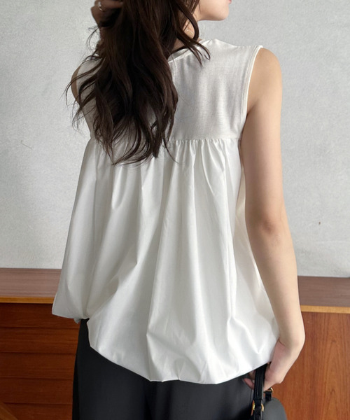 Eclat one（エクラワン）の「【Eclat one】異素材ドッキング 胸元切り替え バルーン ノースリーブ トップス（Tシャツ/カットソー・レディース・モカ/アイボリー/ブラック・M）」の8枚目の写真