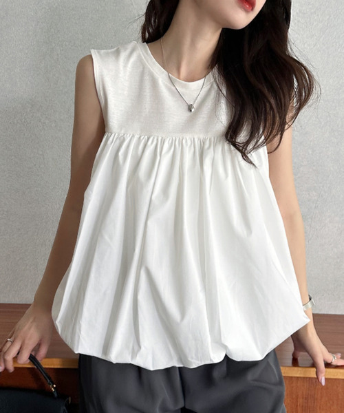 Eclat one（エクラワン）の「【Eclat one】異素材ドッキング 胸元切り替え バルーン ノースリーブ トップス（Tシャツ/カットソー・レディース・モカ/アイボリー/ブラック・M）」の9枚目の写真