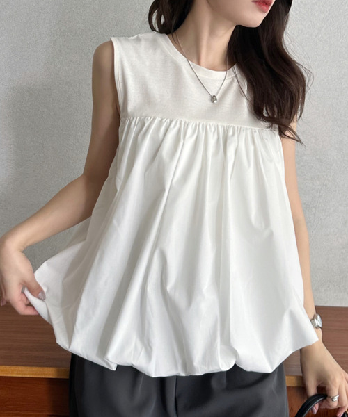Eclat one（エクラワン）の「【Eclat one】異素材ドッキング 胸元切り替え バルーン ノースリーブ トップス（Tシャツ/カットソー・レディース・モカ/アイボリー/ブラック・M）」の19枚目の写真