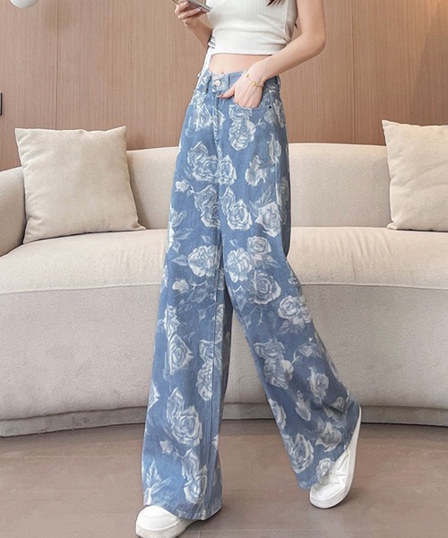L LABEL（エルラベル）の「ローズプリントセミワイドデニムパンツ（デニムパンツ・レディース・インディゴブルー・S-M/M-L）」の4枚目の写真