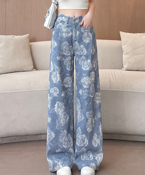 L LABEL（エルラベル）の「ローズプリントセミワイドデニムパンツ（デニムパンツ・レディース・インディゴブルー・S-M/M-L）」の5枚目の写真