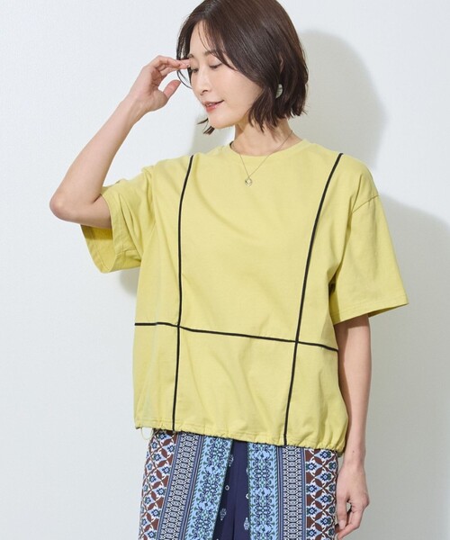 WALDO(ウォルド)の「配色パイピング切替え半袖Tシャツ(Tシャツ/カットソー・レディース・イエロー/ベージュ/ネイビー・FREE)」の12枚目の写真