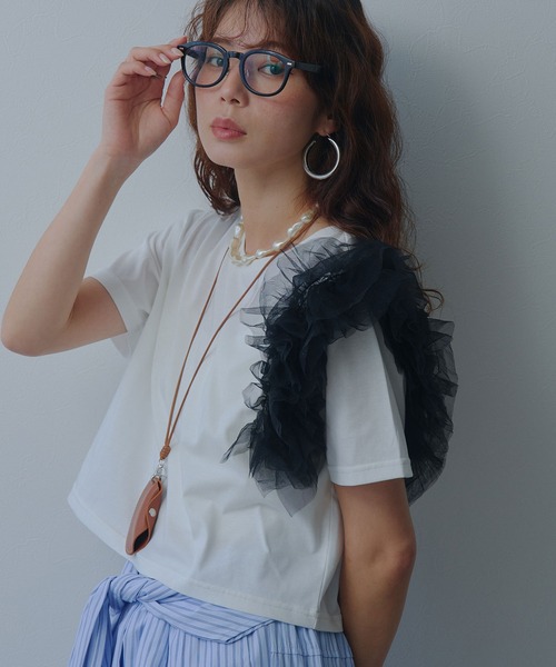 bohmal(ボマール)の「【接触冷感】【イージーケア】チュールフリルTシャツ(Tシャツ/カットソー・レディース・ライム/ピンク/ホワイト/ブラック・FREE)」の2枚目の写真
