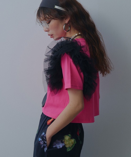 bohmal(ボマール)の「【接触冷感】【イージーケア】チュールフリルTシャツ(Tシャツ/カットソー・レディース・ライム/ピンク/ホワイト/ブラック・FREE)」の4枚目の写真