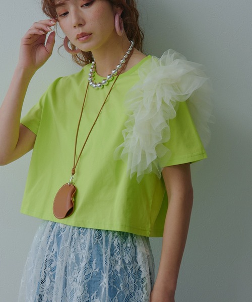 bohmal(ボマール)の「【接触冷感】【イージーケア】チュールフリルTシャツ(Tシャツ/カットソー・レディース・ライム/ピンク/ホワイト/ブラック・FREE)」の1枚目の写真