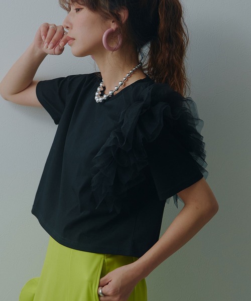 bohmal(ボマール)の「【接触冷感】【イージーケア】チュールフリルTシャツ(Tシャツ/カットソー・レディース・ライム/ピンク/ホワイト/ブラック・FREE)」の3枚目の写真