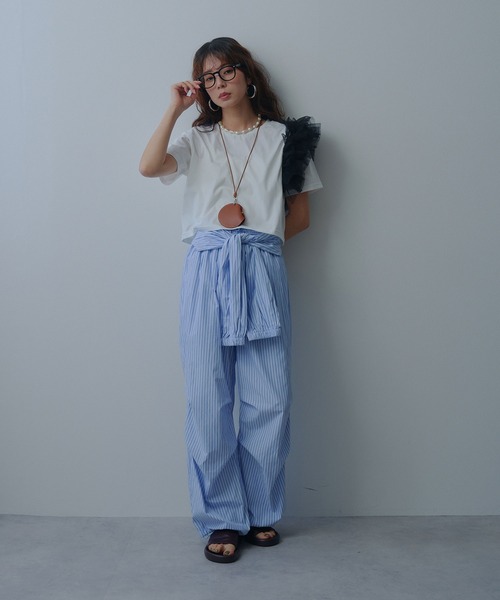 bohmal(ボマール)の「【接触冷感】【イージーケア】チュールフリルTシャツ(Tシャツ/カットソー・レディース・ライム/ピンク/ホワイト/ブラック・FREE)」の5枚目の写真