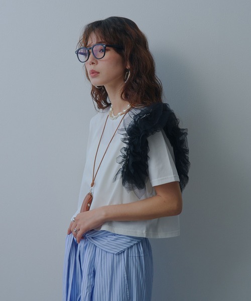 bohmal(ボマール)の「【接触冷感】【イージーケア】チュールフリルTシャツ(Tシャツ/カットソー・レディース・ライム/ピンク/ホワイト/ブラック・FREE)」の6枚目の写真