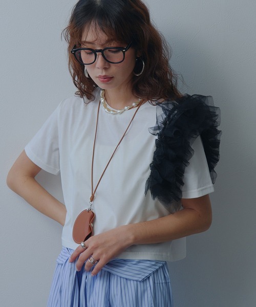 bohmal(ボマール)の「【接触冷感】【イージーケア】チュールフリルTシャツ(Tシャツ/カットソー・レディース・ライム/ピンク/ホワイト/ブラック・FREE)」の9枚目の写真