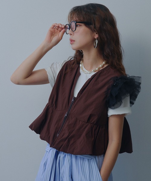 bohmal(ボマール)の「【接触冷感】【イージーケア】チュールフリルTシャツ(Tシャツ/カットソー・レディース・ライム/ピンク/ホワイト/ブラック・FREE)」の10枚目の写真