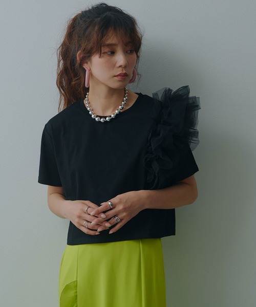bohmal(ボマール)の「【接触冷感】【イージーケア】チュールフリルTシャツ(Tシャツ/カットソー・レディース・ライム/ピンク/ホワイト/ブラック・FREE)」の11枚目の写真