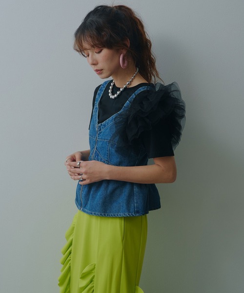 bohmal(ボマール)の「【接触冷感】【イージーケア】チュールフリルTシャツ(Tシャツ/カットソー・レディース・ライム/ピンク/ホワイト/ブラック・FREE)」の14枚目の写真