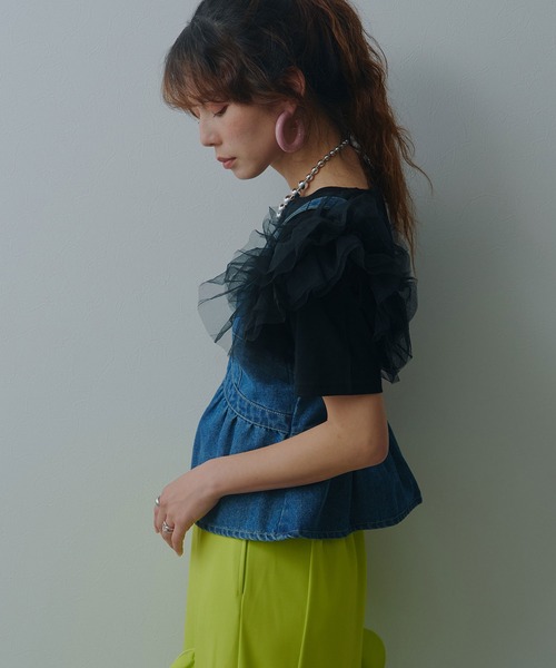 bohmal(ボマール)の「【接触冷感】【イージーケア】チュールフリルTシャツ(Tシャツ/カットソー・レディース・ライム/ピンク/ホワイト/ブラック・FREE)」の16枚目の写真