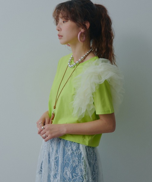 bohmal(ボマール)の「【接触冷感】【イージーケア】チュールフリルTシャツ(Tシャツ/カットソー・レディース・ライム/ピンク/ホワイト/ブラック・FREE)」の17枚目の写真