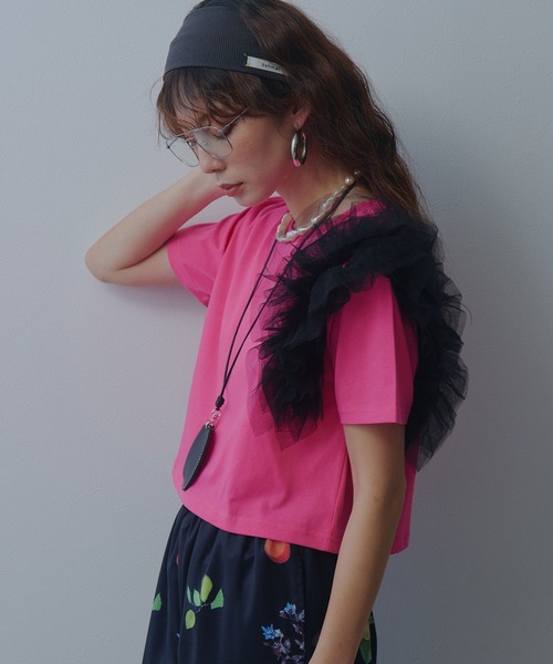 bohmal(ボマール)の「【接触冷感】【イージーケア】チュールフリルTシャツ(Tシャツ/カットソー・レディース・ライム/ピンク/ホワイト/ブラック・FREE)」の22枚目の写真