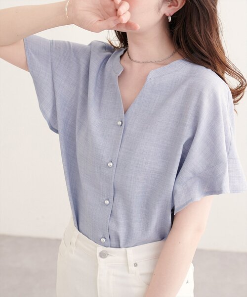 natural couture(ナチュラルクチュール)の「【sherbet line】麻調合繊フリル袖ブラウス(シャツ/ブラウス・レディース・ライトベージュ/ミント/ライトグレー/ブラック/サックスブルー/チャコールグレー/モカ・FREE)」の7枚目の写真