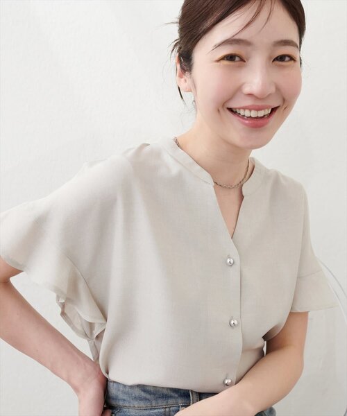 natural couture(ナチュラルクチュール)の「【sherbet line】麻調合繊フリル袖ブラウス(シャツ/ブラウス・レディース・ライトベージュ/ミント/ライトグレー/ブラック/サックスブルー/チャコールグレー/モカ・FREE)」の5枚目の写真