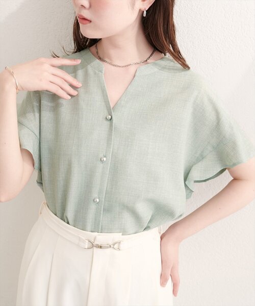 natural couture(ナチュラルクチュール)の「【sherbet line】麻調合繊フリル袖ブラウス(シャツ/ブラウス・レディース・ライトベージュ/ミント/ライトグレー/ブラック/サックスブルー/チャコールグレー/モカ・FREE)」の6枚目の写真
