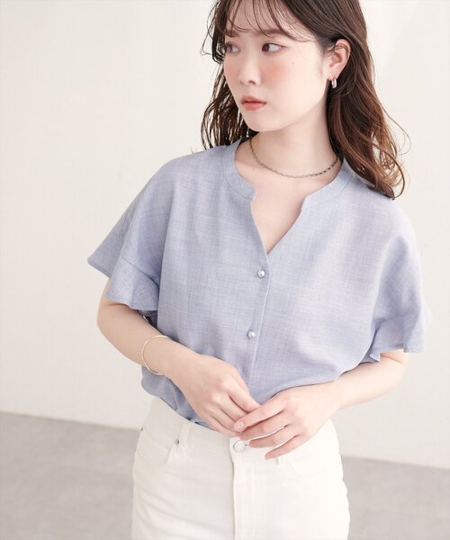 natural couture(ナチュラルクチュール)の「【sherbet line】麻調合繊フリル袖ブラウス(シャツ/ブラウス・レディース・ライトベージュ/ミント/ライトグレー/ブラック/サックスブルー/チャコールグレー/モカ・FREE)」の8枚目の写真