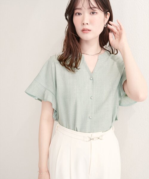 natural couture(ナチュラルクチュール)の「【sherbet line】麻調合繊フリル袖ブラウス(シャツ/ブラウス・レディース・ライトベージュ/ミント/ライトグレー/ブラック/サックスブルー/チャコールグレー/モカ・FREE)」の11枚目の写真
