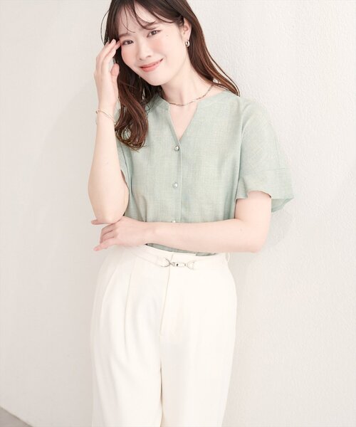 natural couture(ナチュラルクチュール)の「【sherbet line】麻調合繊フリル袖ブラウス(シャツ/ブラウス・レディース・ライトベージュ/ミント/ライトグレー/ブラック/サックスブルー/チャコールグレー/モカ・FREE)」の12枚目の写真