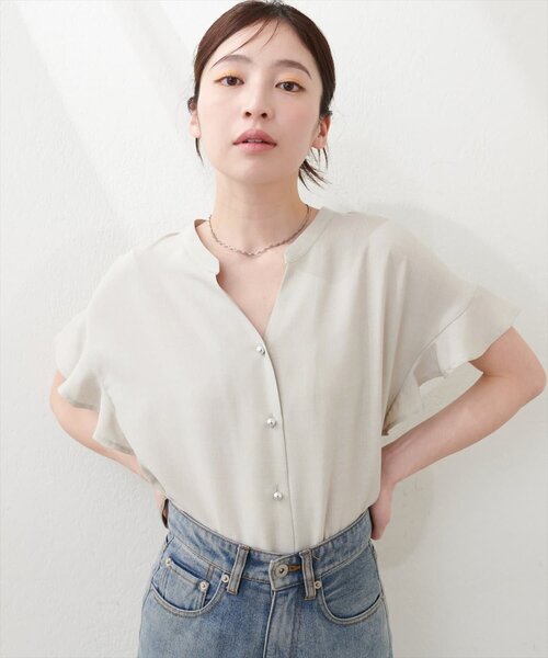 natural couture(ナチュラルクチュール)の「【sherbet line】麻調合繊フリル袖ブラウス(シャツ/ブラウス・レディース・ライトベージュ/ミント/ライトグレー/ブラック/サックスブルー/チャコールグレー/モカ・FREE)」の15枚目の写真