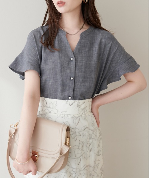 natural couture(ナチュラルクチュール)の「【sherbet line】麻調合繊フリル袖ブラウス(シャツ/ブラウス・レディース・ライトベージュ/ミント/ライトグレー/ブラック/サックスブルー/チャコールグレー/モカ・FREE)」の3枚目の写真
