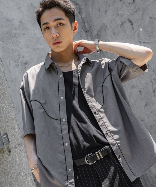 RAGEBLUE(レイジブルー)の「WESTERN PIPING SHORT SILHOUETTE SHIRT/パイピングウエスタンシャツ(シャツ/ブラウス・メンズ・ブラック/グレー・LARGE/MEDIUM)」の1枚目の写真