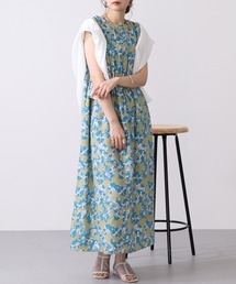 接触冷感レーヨンプリントタックワンピース ノースリーブ
