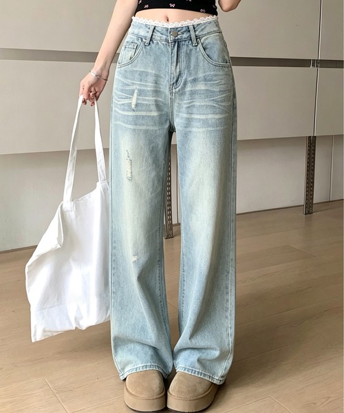 FREE STYLISTS(フリー スタイリスト)の「レースフリルあしらい ストレート 脚長効果 デニムパンツ(デニムパンツ・レディース・ブルー・S/M)」の1枚目の写真