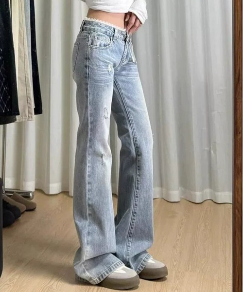 FREE STYLISTS(フリー スタイリスト)の「レースフリルあしらい ストレート 脚長効果 デニムパンツ(デニムパンツ・レディース・ブルー・S/M)」の8枚目の写真