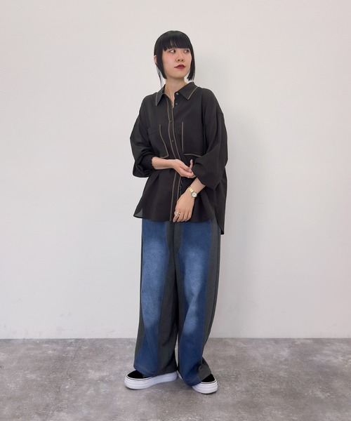 niko and...（ニコアンド）の「[MODE NORM CORE] ポコポコパイピングシャツ（シャツ/ブラウス・レディース・スモーク/アイボリー/サックスブルー・LARGE/MEDIUM）」の8枚目の写真
