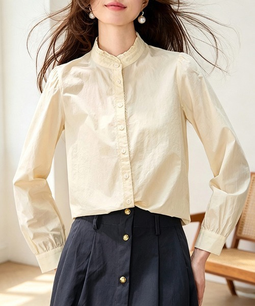 ONEP STAR(ワンピスター)の「レース切替スタンドカラー長袖シャツ(シャツ/ブラウス・レディース・ベージュ・MEDIUM/X-LARGE/LARGE)」の2枚目の写真