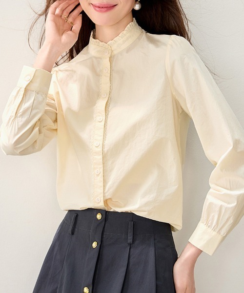 ONEP STAR(ワンピスター)の「レース切替スタンドカラー長袖シャツ(シャツ/ブラウス・レディース・ベージュ・MEDIUM/X-LARGE/LARGE)」の4枚目の写真